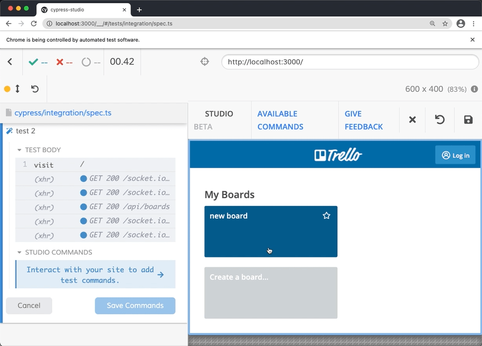 The Cypress Studio test recorder in action The Cypress Studio test recorder in action