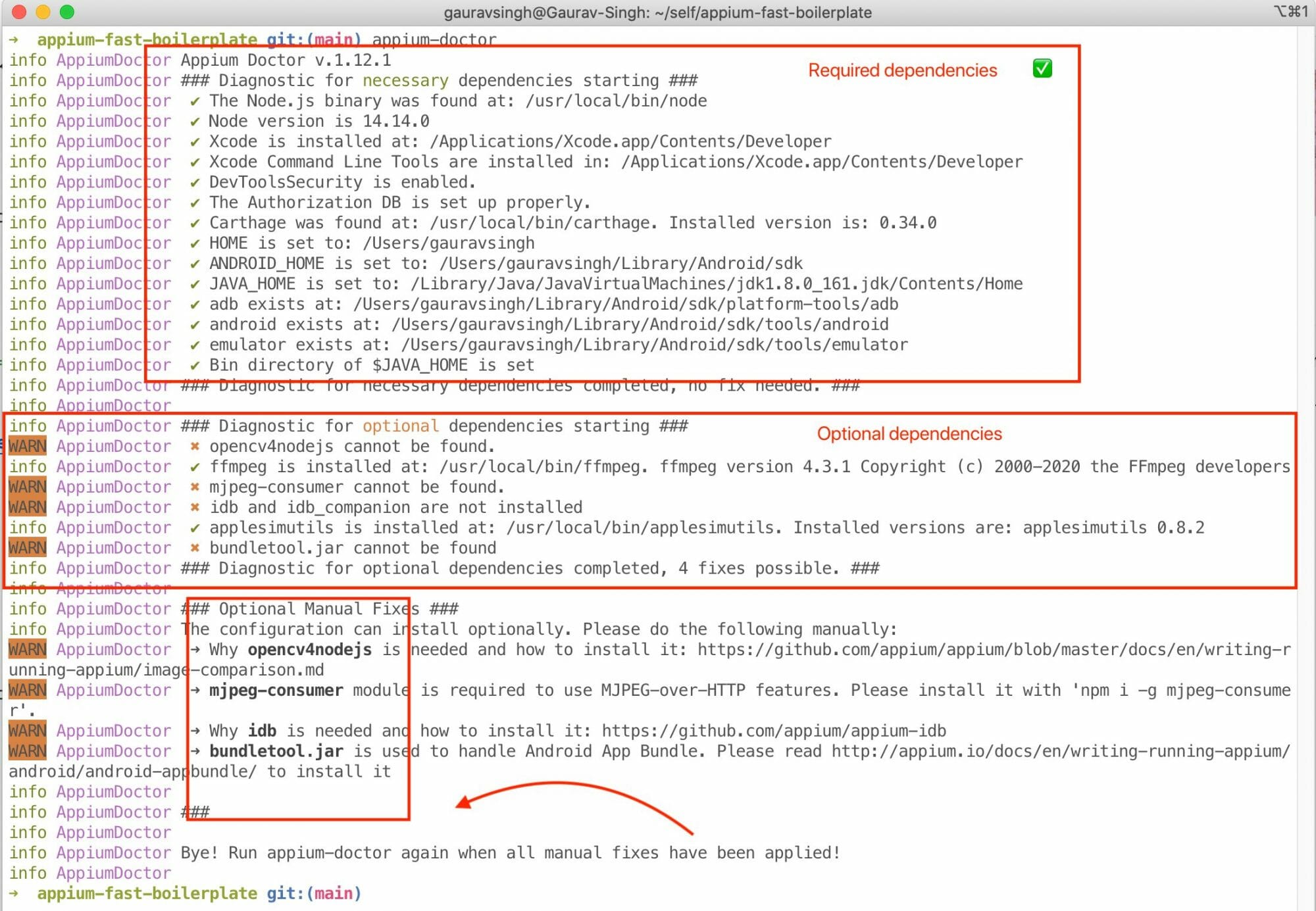 Shows results of executing appium doctor command and dependencies setup