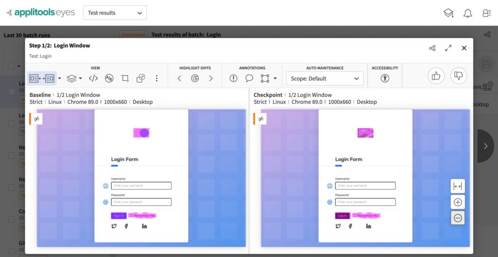 Changes Detected with Applitools Eyes Applitools Eyes is displaying the differences between the baseline and checkpoint image, highlighting the differences