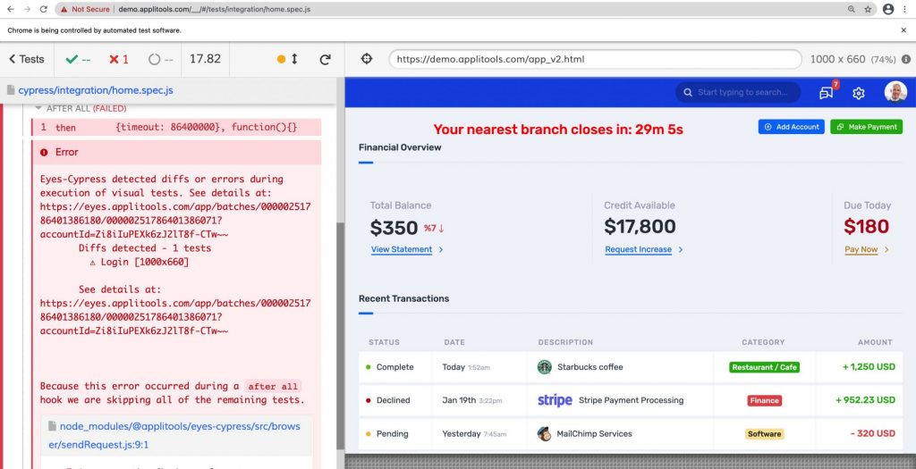 Failing Cypress Test Due to Visual Diffs The Cypress test now fails due to the detection of visual diffs
