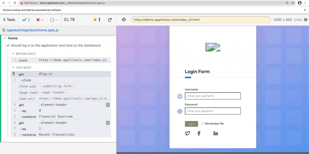 A False Positive with Cypress A test result showing a successful test using Cypress, even when the page has a broken image.
