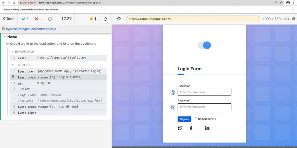 The First Check with Applitools Eyes An image showing the first check with Applitools Eyes, which sets the baseline images for our test.