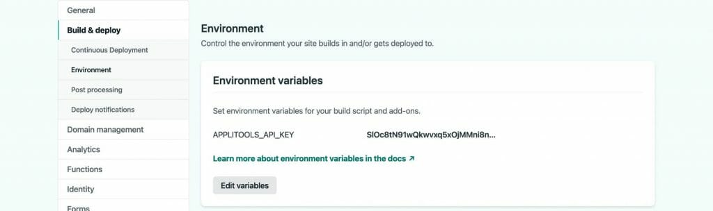 Environment variables section in Netlify showing APPLITOOLS_API_KEY