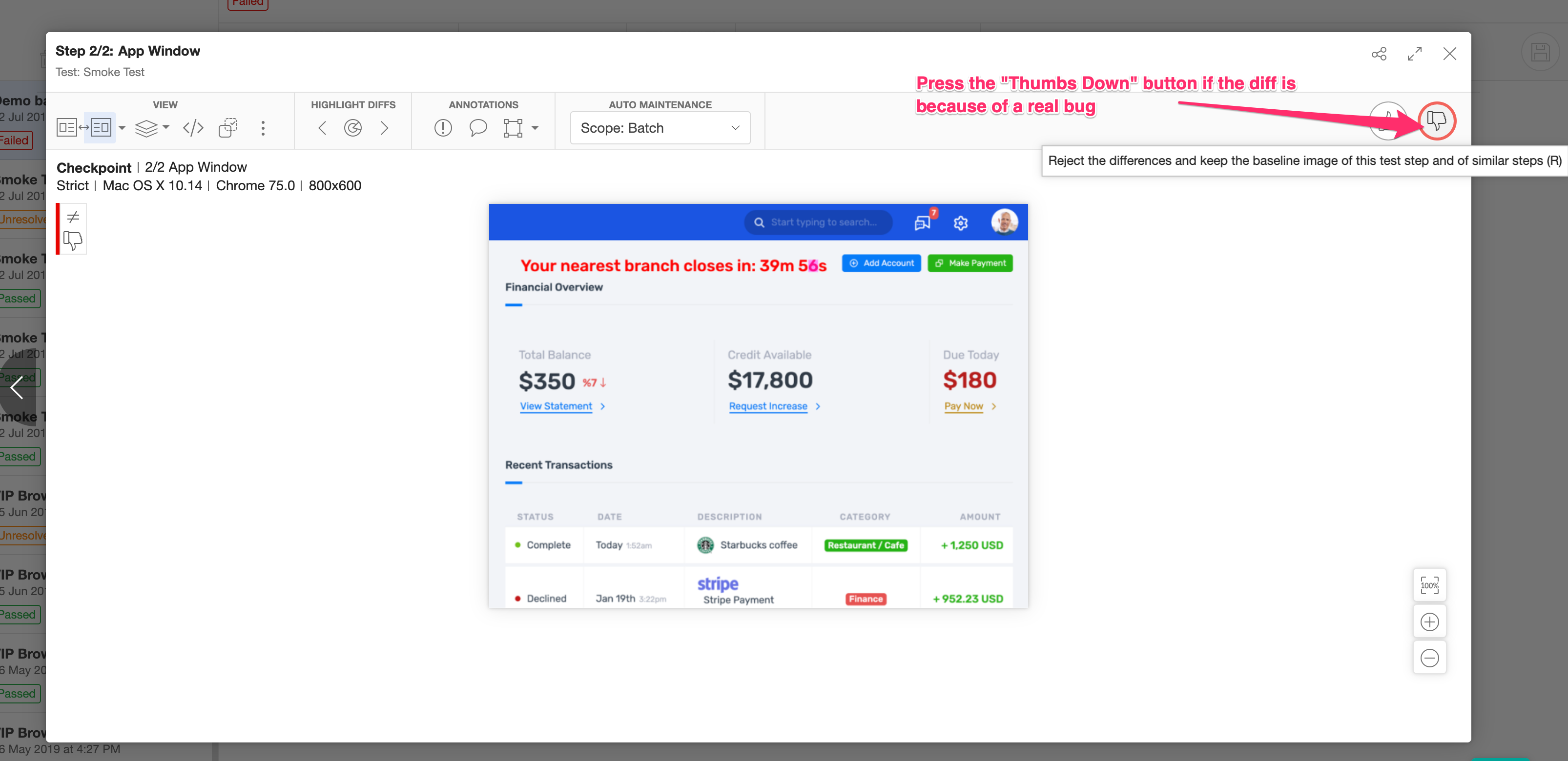 Rejecting a checkpoint difference