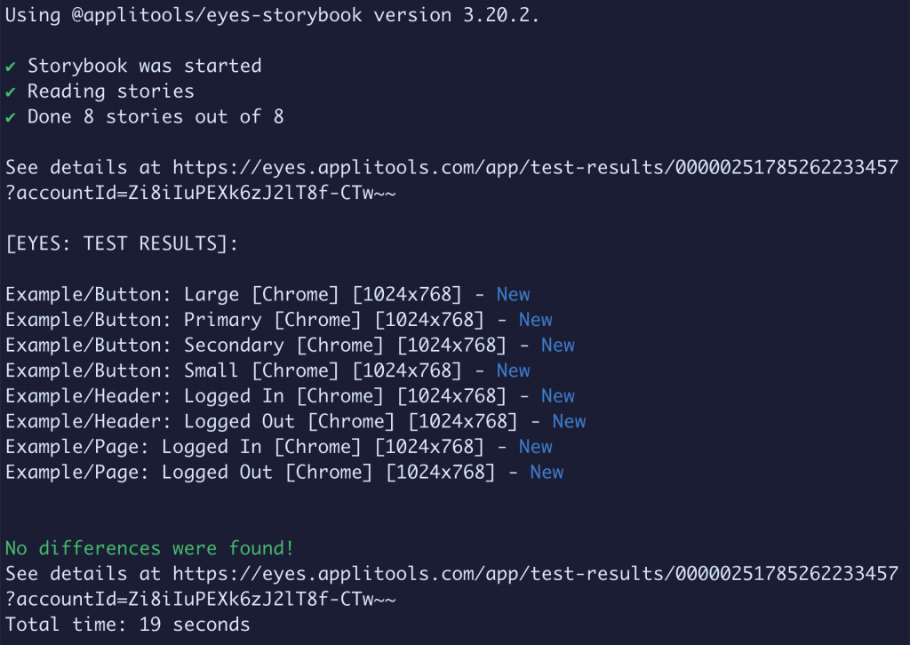 Running Applitools Eyes on Storybook Stories A view of the CLI as we successfully run Applitools Eyes on Storybook Stories