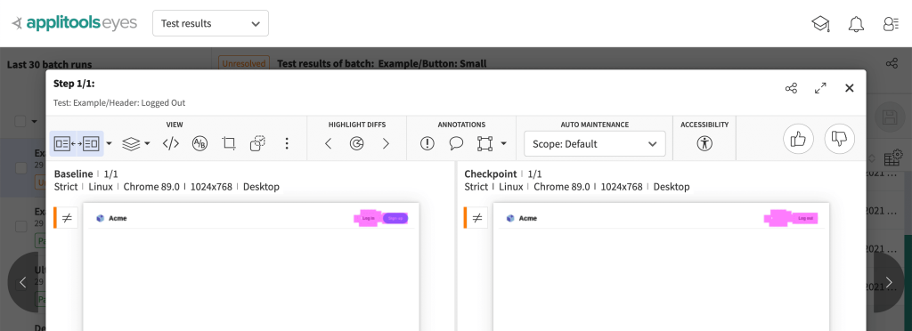 Visual difference in component test Seeing the visual difference in component our test, which Applitools is highlighting in pink for us.